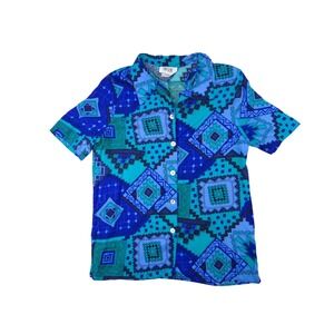 VTG Maygene Geometric Print Short Sleeve Button Up Shirt Women's Size Small Blue